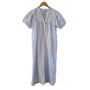 Lanz of Salzburg Blue White Striped Cotton floral Nightgown size Medium feminine